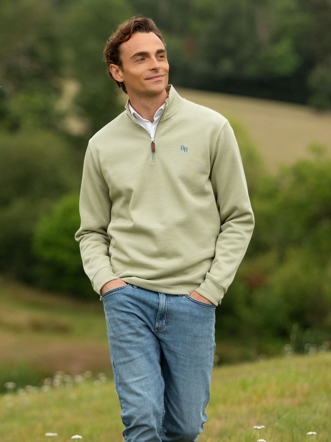Dittisham Ribbed Unisex Quarter Zip - Moss Green - Beaumont & Bear