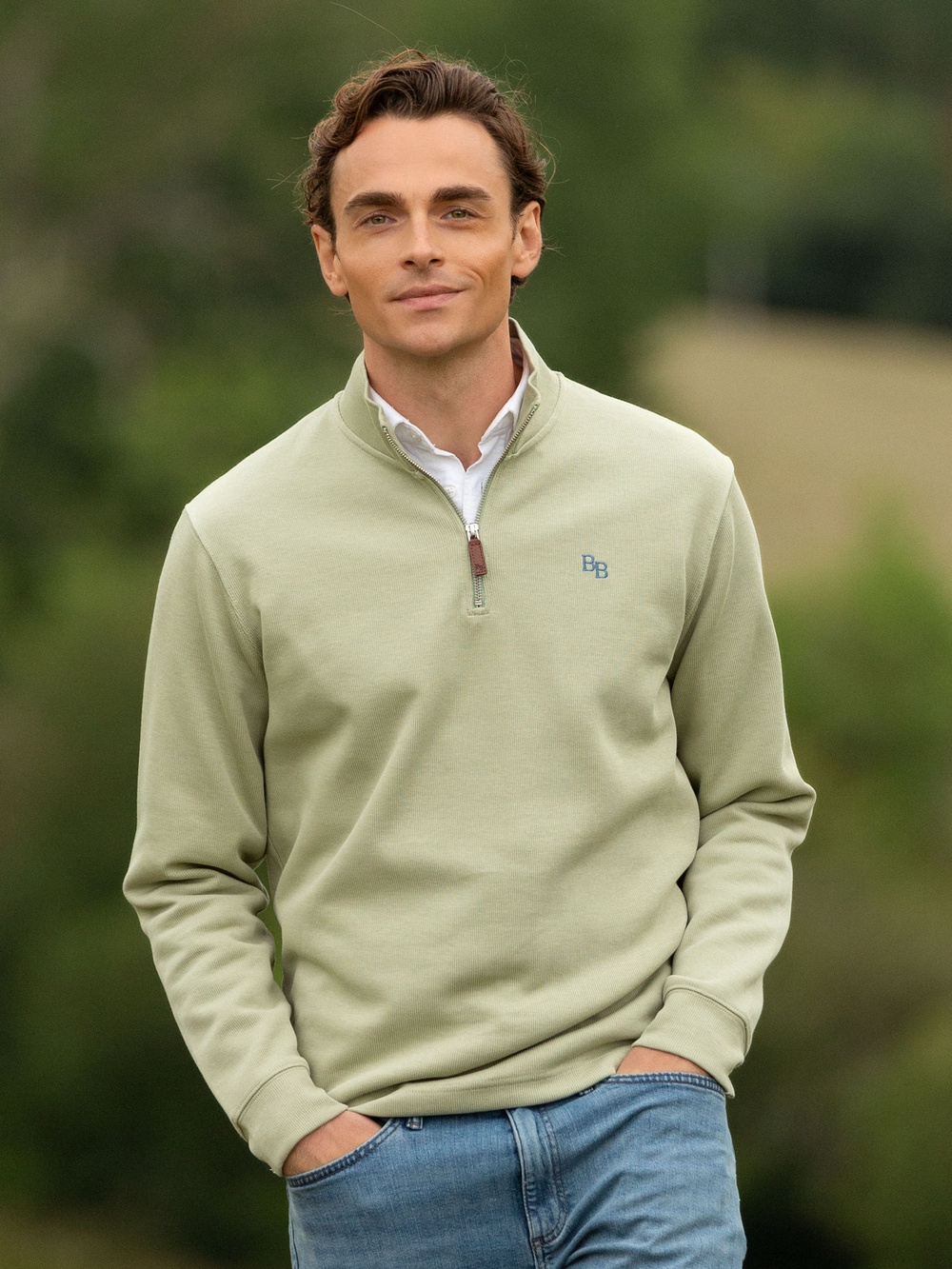 Dittisham Ribbed Unisex Quarter Zip - Moss Green - Beaumont & Bear
