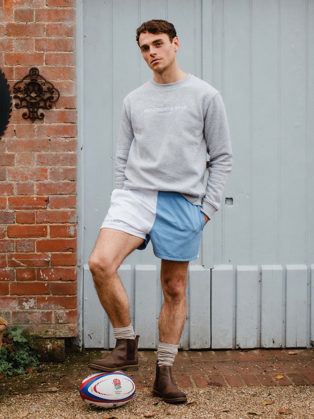 Men's cornflower blue and white colour-block shorts with embroidered Beaumont & Bear logo.