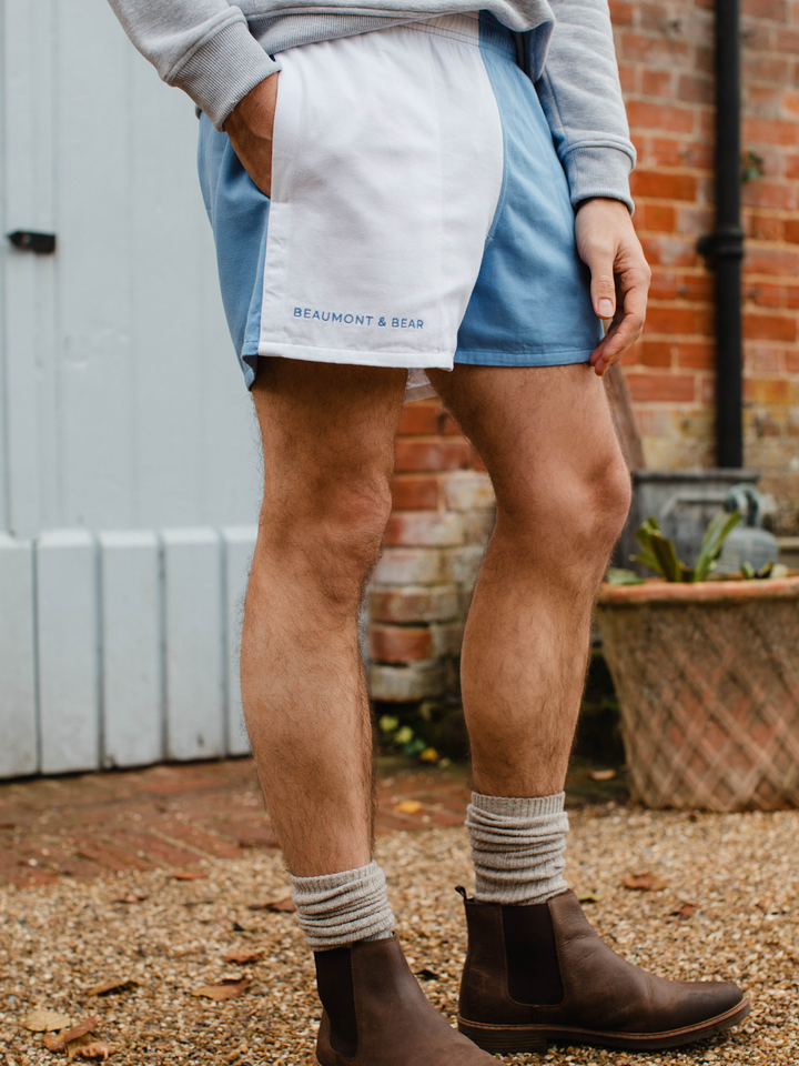 Men's cornflower blue and white colour-block shorts with embroidered Beaumont & Bear logo.