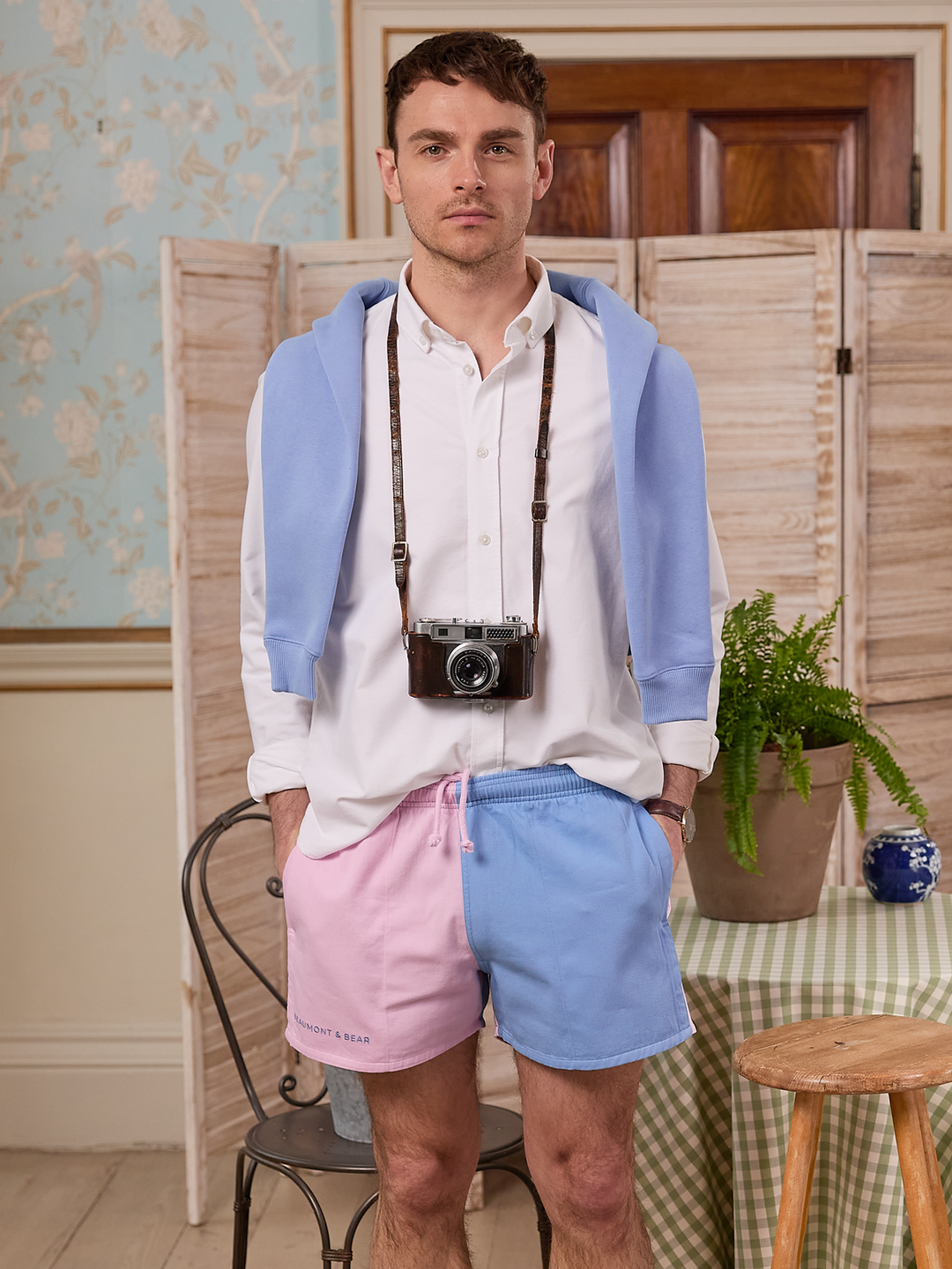 Men's pastel pink and blue colour-block shorts with embroidered Beaumont & Bear logo.