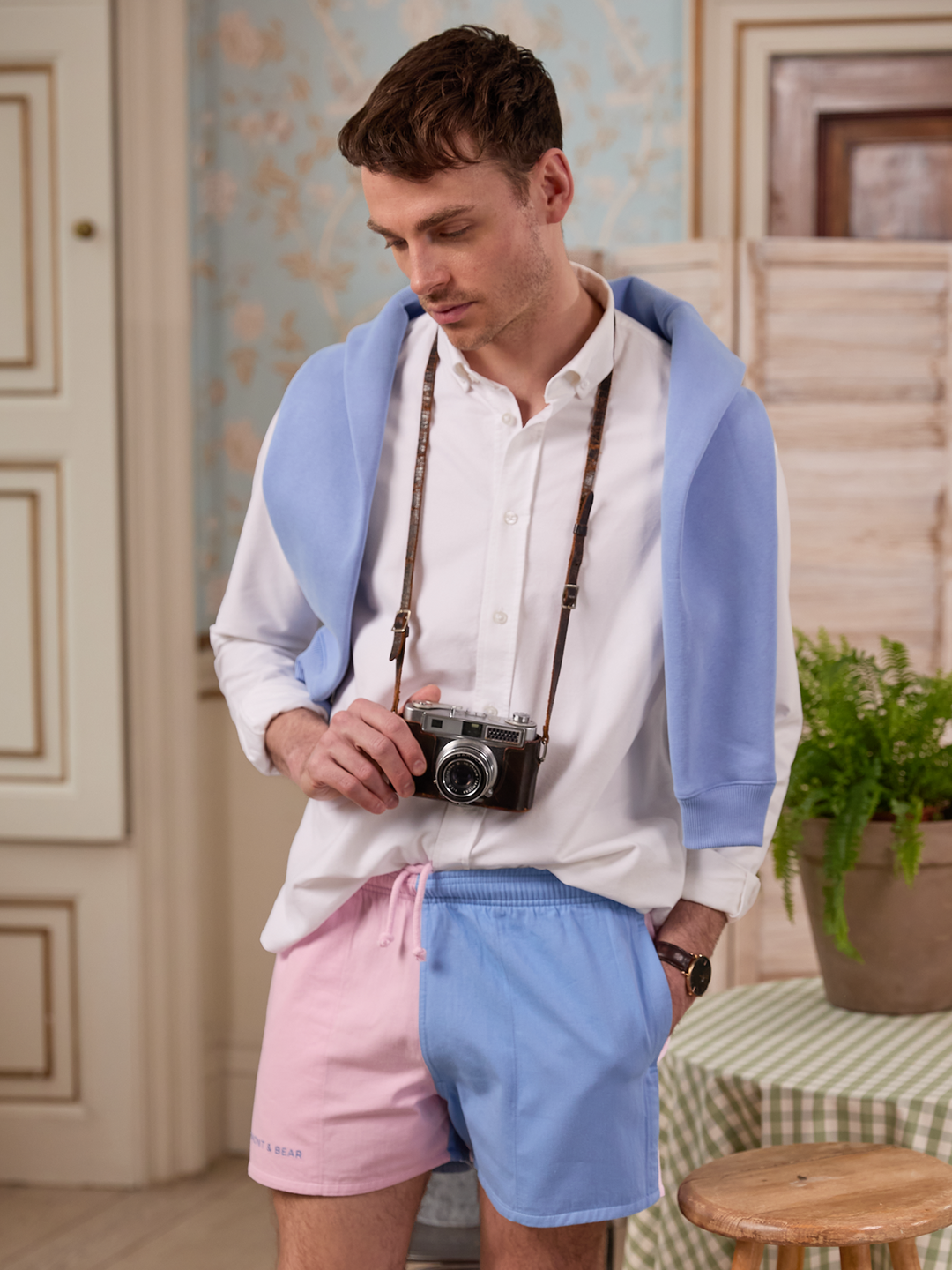 Men's pastel pink and blue colour-block shorts with embroidered Beaumont & Bear logo.
