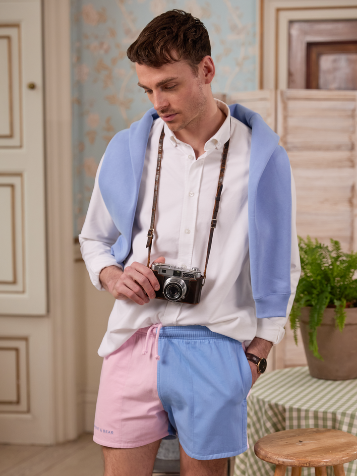 Men's pastel pink and blue colour-block shorts with embroidered Beaumont & Bear logo.