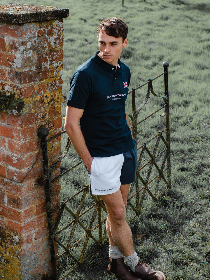 Men's washed navy and white colour-block shorts with embroidered Beaumont & Bear logo.