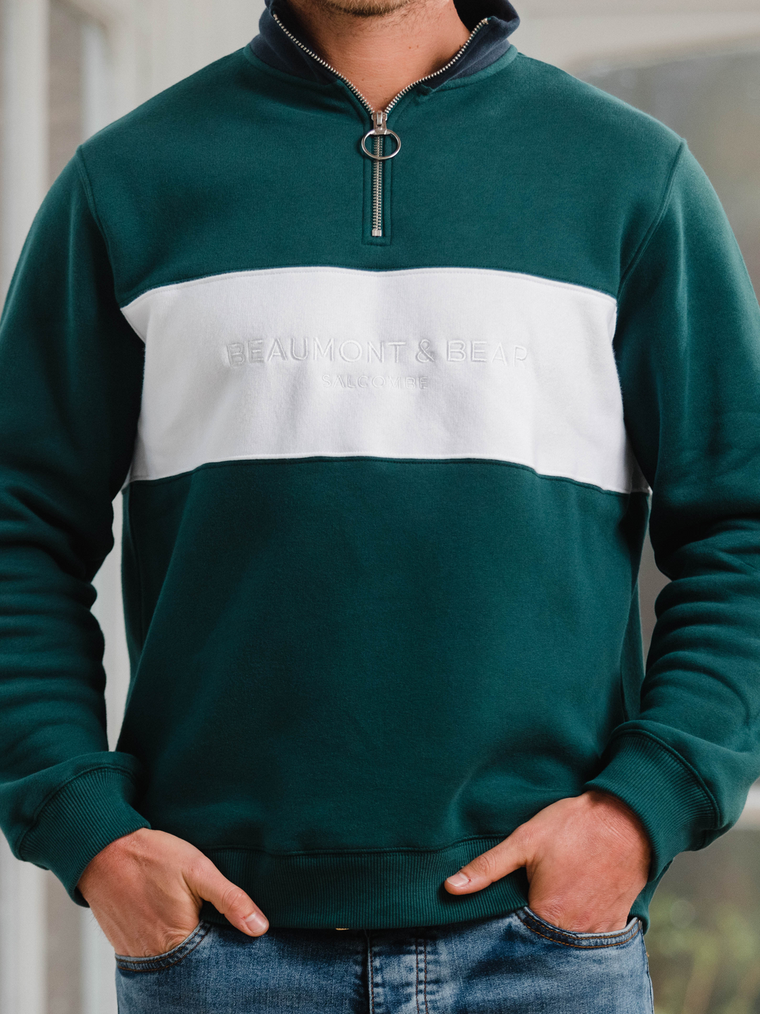 Cliff Road Unisex Quarter Zip - Green - Beaumont &amp; Bear