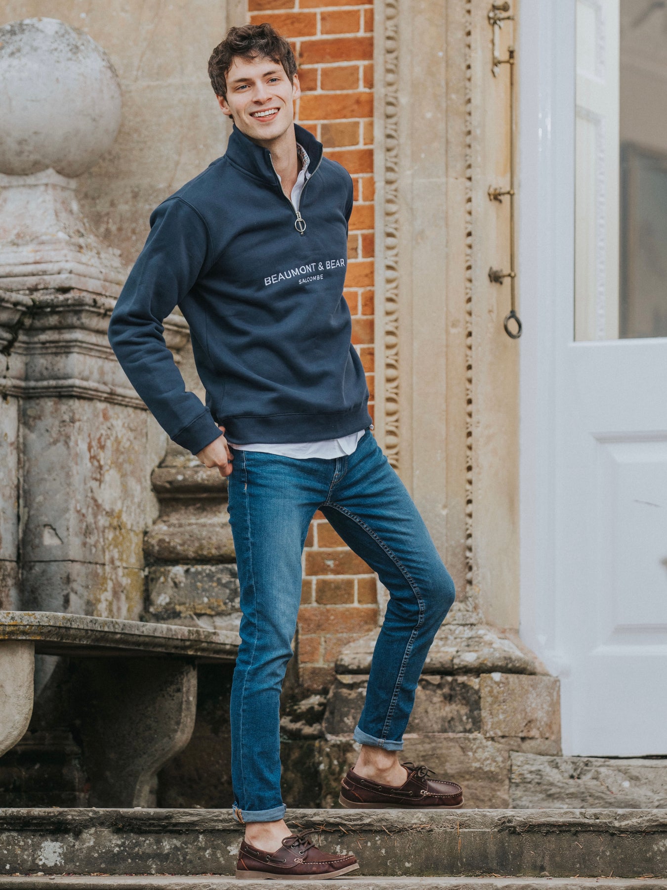 Kingswear Unisex Quarter Zip Washed Navy Beaumont & Bear